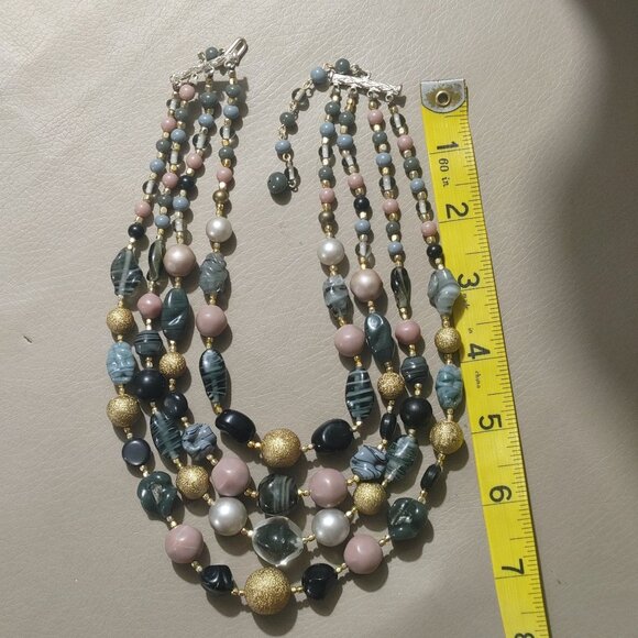 Necklace Glass Beads Gold Pink Green 18 Inches Vintage Multi Strand Adjustable - Picture 4 of 9